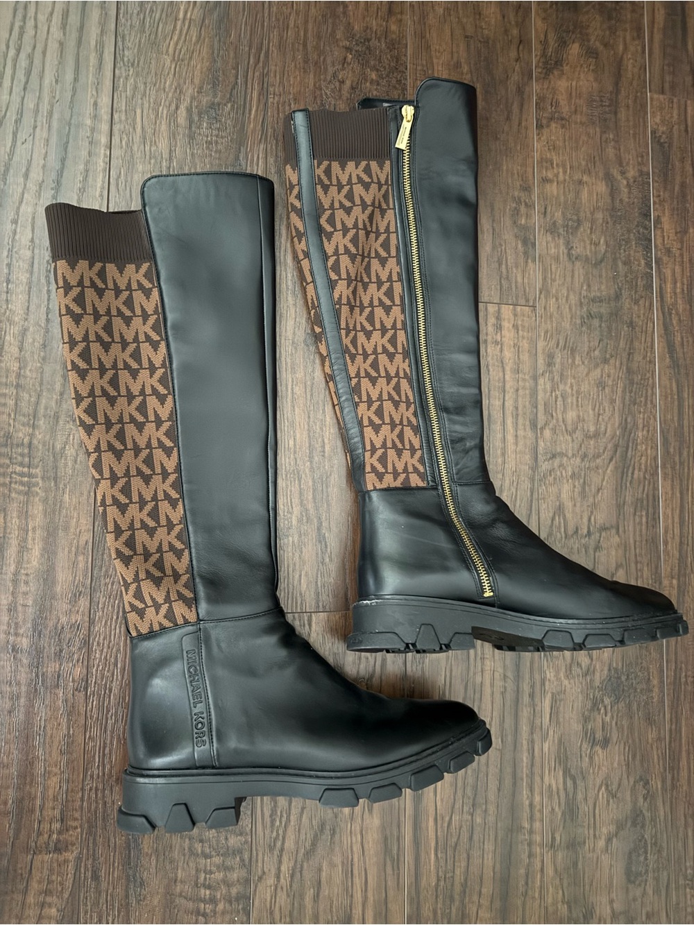 Michael Kors Black Leather & Brown MK Logo Over-The-Knee Boots